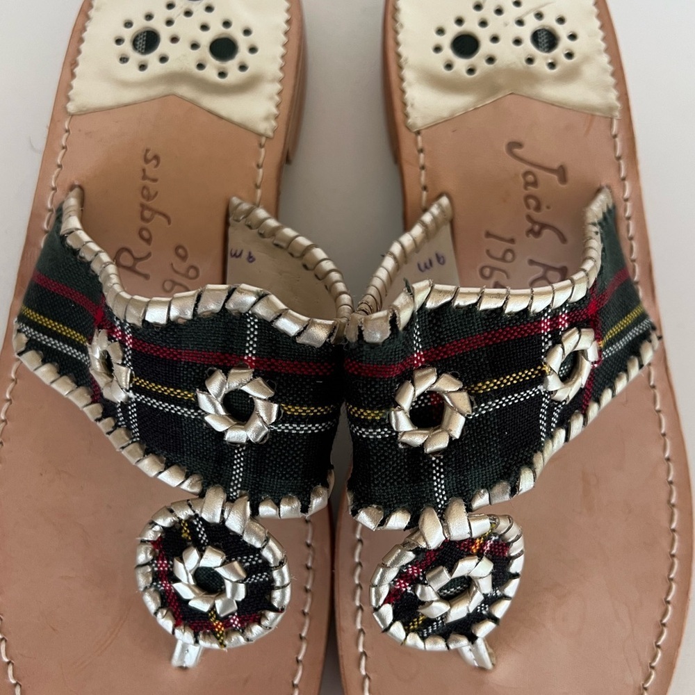 Jack Rogers 1960 Handmade Leather Green Tartan Gold Trim Plaid Flat Sandals, 9M - Picture 6 of 8